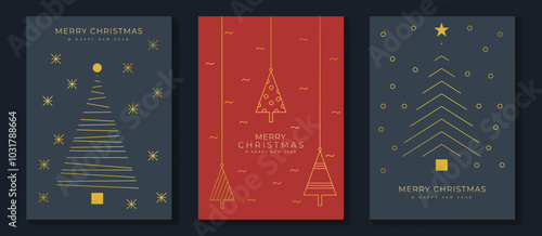 Luxury christmas invitation card art deco design vector. Christmas tree, star, bauble ball, candle line art on red and navy blue background. Design illustration for cover, poster, wallpaper.