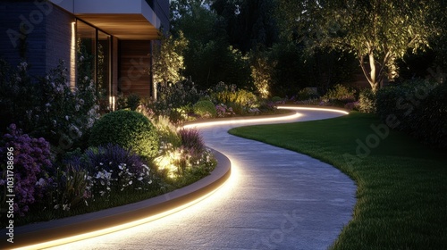 A picturesque view of a garden path illuminated by sleek modern pathway lights, guiding the way with soft lighting at night. 