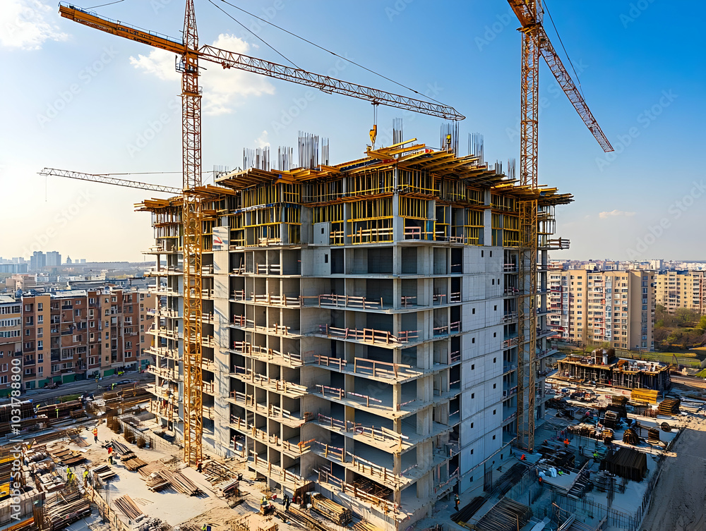Construction site with cranes and a high-rise building under construction. Construction site with cranes and a high-rise building under construction.