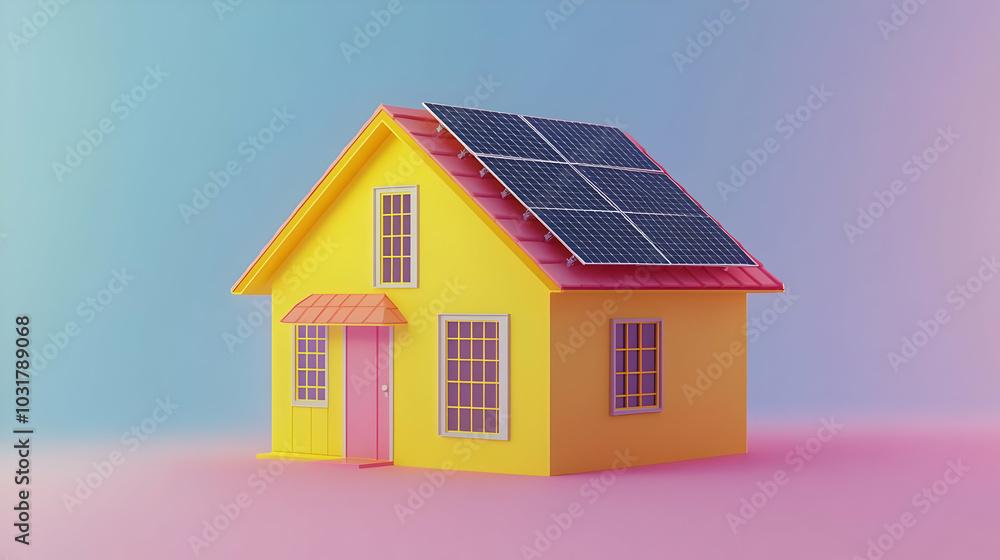 Yellow House with Solar Panels on Roof. Yellow House with Solar Panels on Roof.