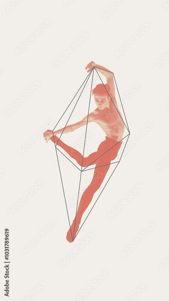 Obraz premium Athletic shirtless ballet dancer, man performing on light background with abstract geometric shapes. Contemporary art collage. Concept of ballet, minimalism, graceful movement, clean design