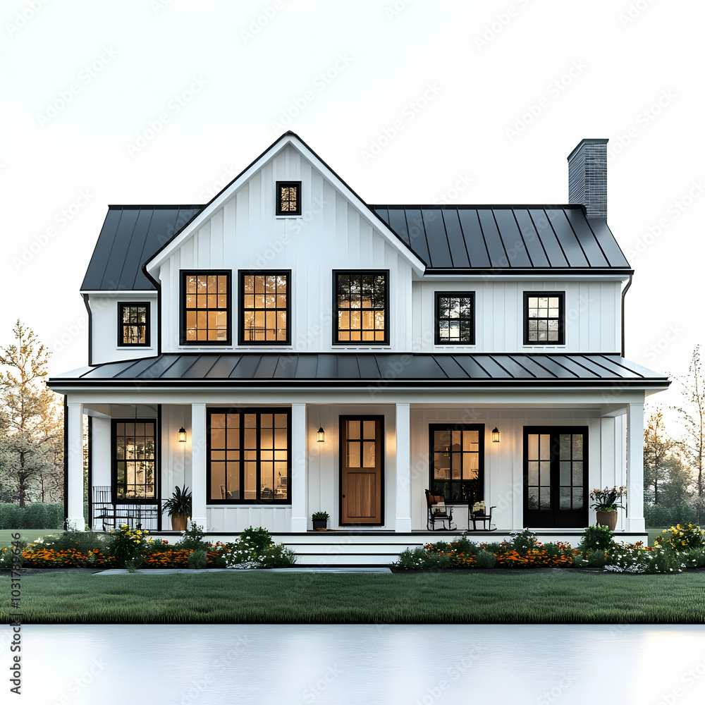 Modern Farmhouse with Black Windows and Porch. Modern Farmhouse with Black Windows and Porch.