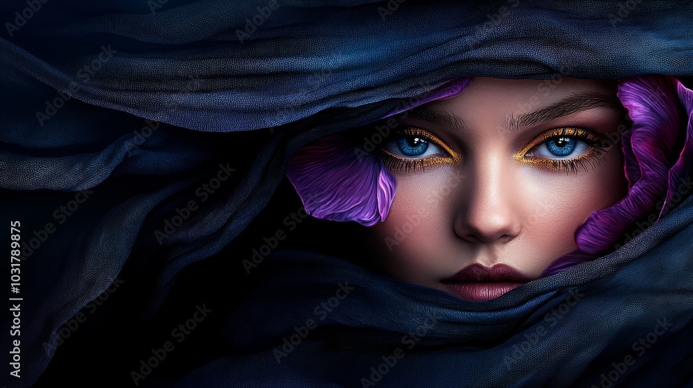 blue eyes peek out from beneath a purple scarf; a purple flower obscures her features blue eyes peek out from beneath a purple scarf; a purple flower obscures her features