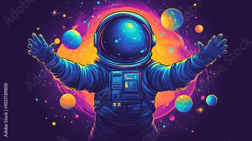 Wallpaper Mural A colorful astronaut celebrates in space, surrounded by vibrant planets and stars. Torontodigital.ca