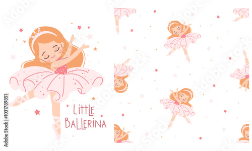 A set of vector prints for printing on children's products. Cute little girl ballerina dancing, little ballerina lettering, seamless vector pattern . Vector illustration