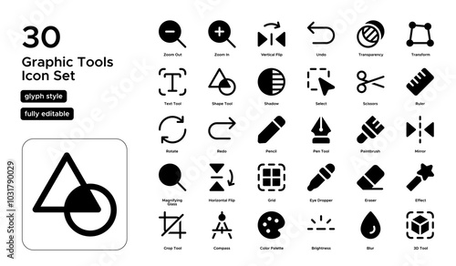 Graphic Tools Glyph Icon Set: Design Software, Editing Tools, and Creative Features Icons