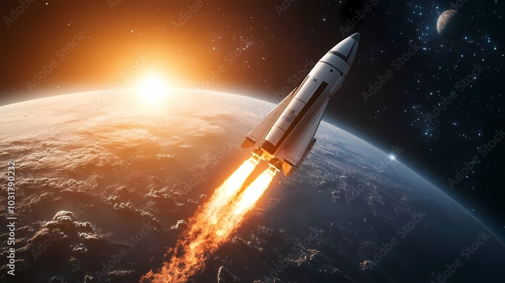 A rocket launches into space, leaving a trail of flames against a cosmic backdrop. A rocket launches into space, leaving a trail of flames against a cosmic backdrop.