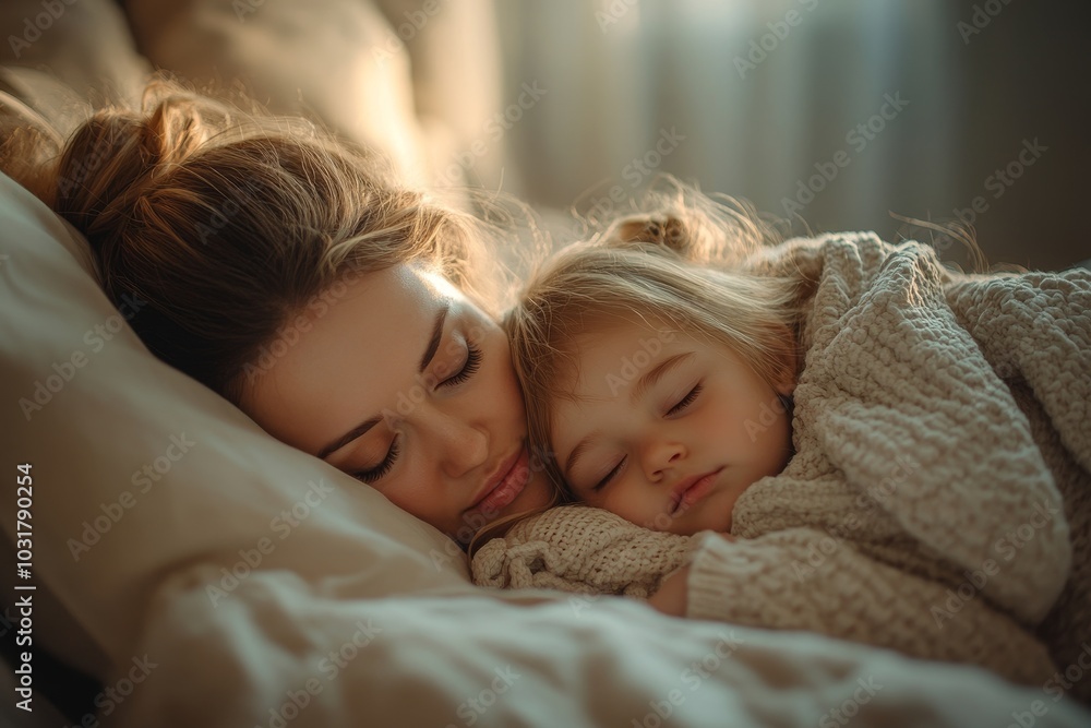 Loving mother taking care of sleeping daughter, mother kissing girl and puts blanket on comfortable asleep child on bed in the morning, Generative AI Loving mother taking care of sleeping daughter, mother kissing girl and puts blanket on comfortable asleep child on bed in the morning, Generative AI