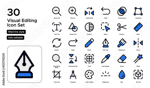 Visual Editing Filled Line Icon Set: Photo Retouching, Image Adjustments, and Design Tools Icons