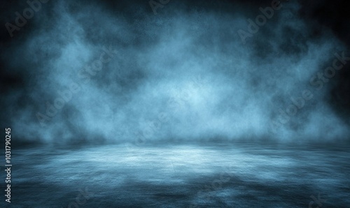 Abstract Background of an Empty Dark Room with Moody Atmosphere, Featuring Concrete Flooring, Smoke, and Fog, Providing Ample Copy Space for Wide Format Product Demonstration, Enhanced by AI Wallpaper