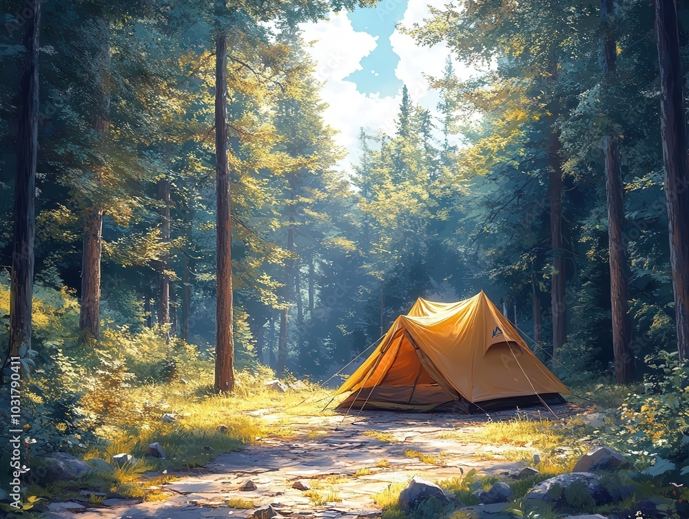 camping scene with a tent nestled among towering trees, surrounded by lush nature, evoking a sense of adventure and tranquility in the great outdoors camping scene with a tent nestled among towering trees, surrounded by lush nature, evoking a sense of adventure and tranquility in the great outdoors