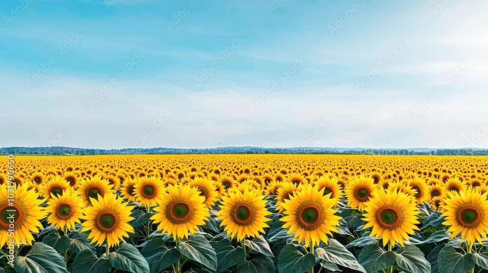 Obraz premium A vast field of vibrant sunflowers stretching under a bright blue sky, symbolizing beauty and warmth in nature.