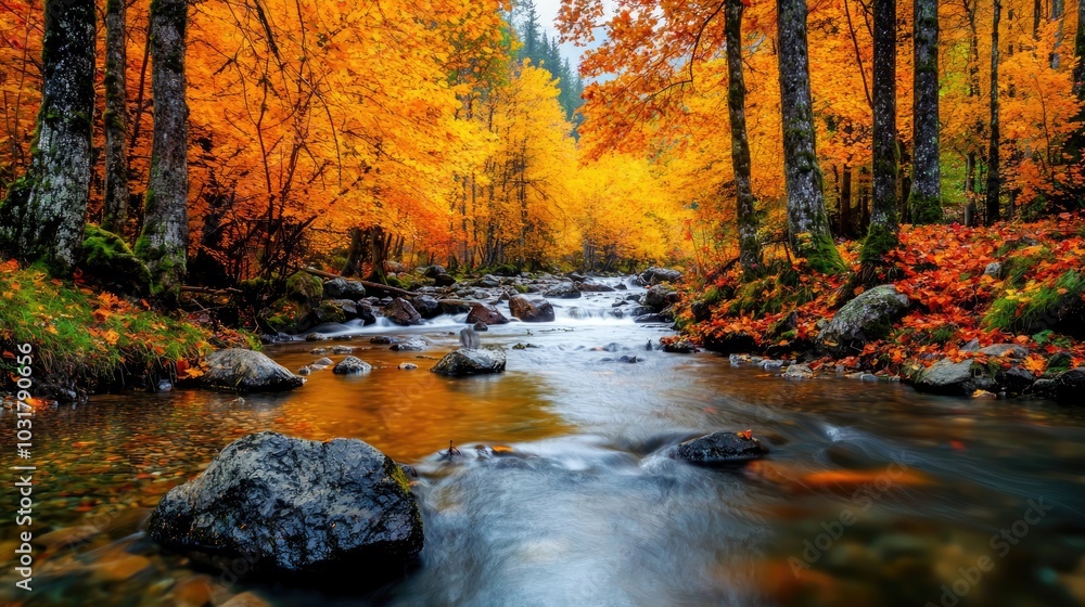 A serene river flows through vibrant autumn foliage, showcasing brilliant orange and yellow leaves in a tranquil natural setting. A serene river flows through vibrant autumn foliage, showcasing brilliant orange and yellow leaves in a tranquil natural setting.