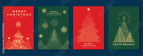 Luxury christmas invitation card art deco design vector. Christmas tree, snowflake, firework line art, watercolor on green and red background. Design illustration for cover, print, poster, wallpaper.
