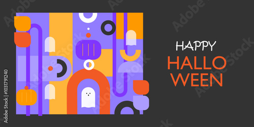 Happy Halloween banner. Colored shapes and ghosts on a dark background. Halloween banner with a minimalistic design. 