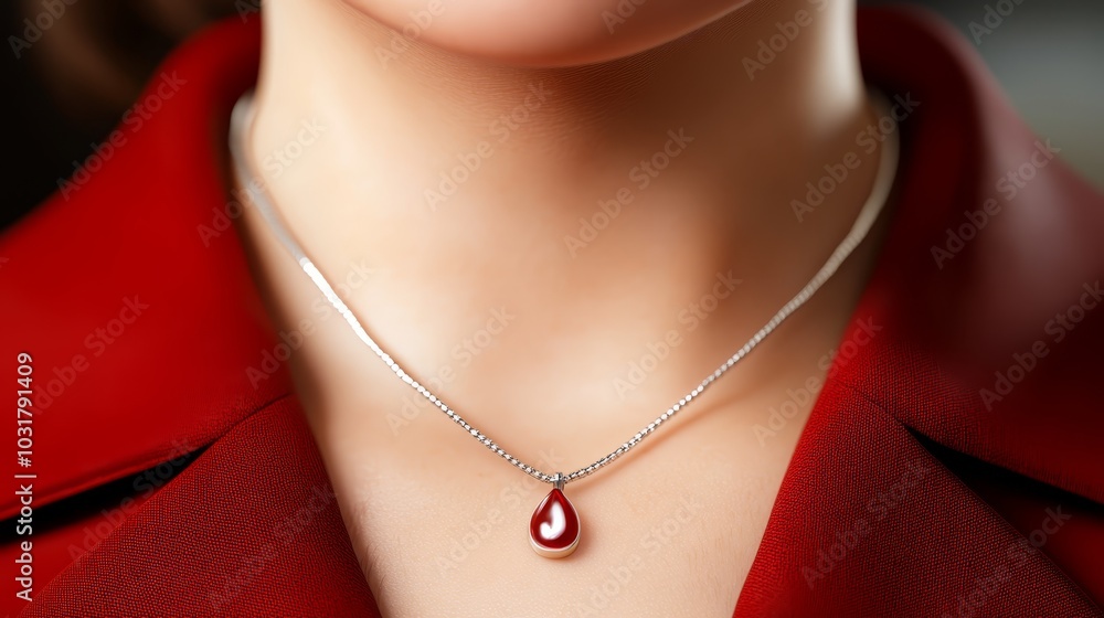 A tight shot of a woman in a red blouse, her neck adorned with a necklace featuring a tear-shaped pendant of the same hue A tight shot of a woman in a red blouse, her neck adorned with a necklace featuring a tear-shaped pendant of the same hue