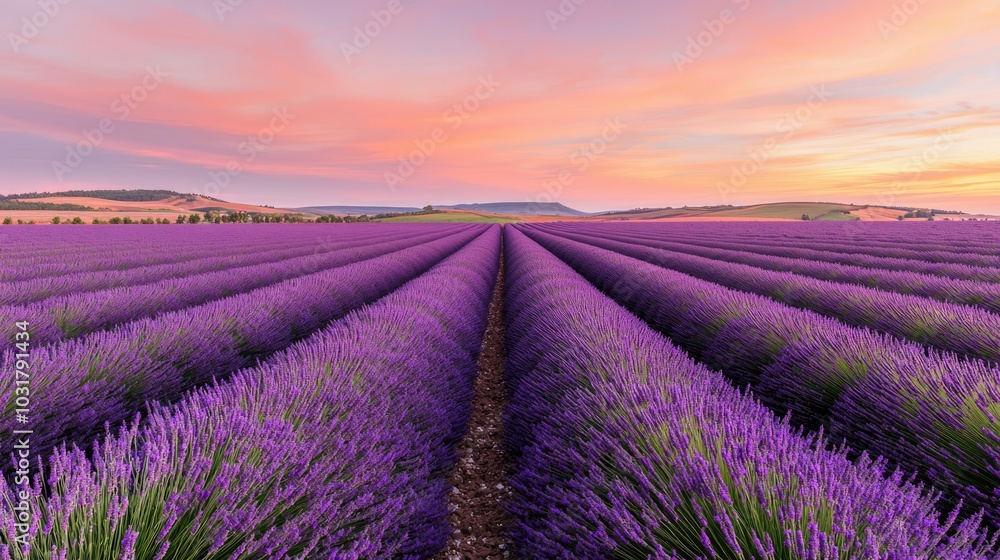 A stunning lavender field stretches under a vibrant sunset sky, showcasing rows of purple blooms against a backdrop of soft pastel colors. A stunning lavender field stretches under a vibrant sunset sky, showcasing rows of purple blooms against a backdrop of soft pastel colors.