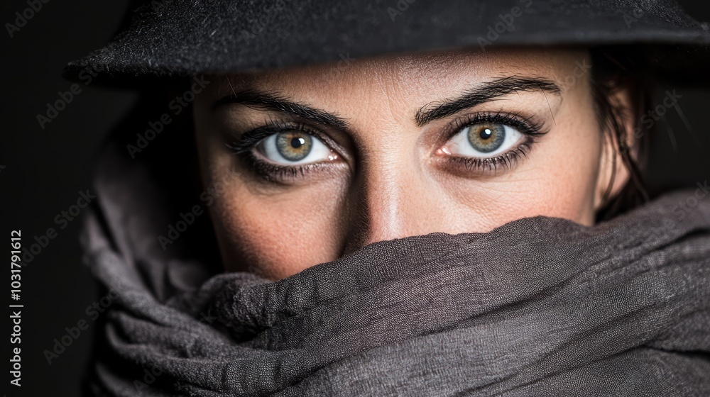 A woman wearing a black hat, covered in a gray scarf concealing her face, and another black hat atop her head A woman wearing a black hat, covered in a gray scarf concealing her face, and another black hat atop her head