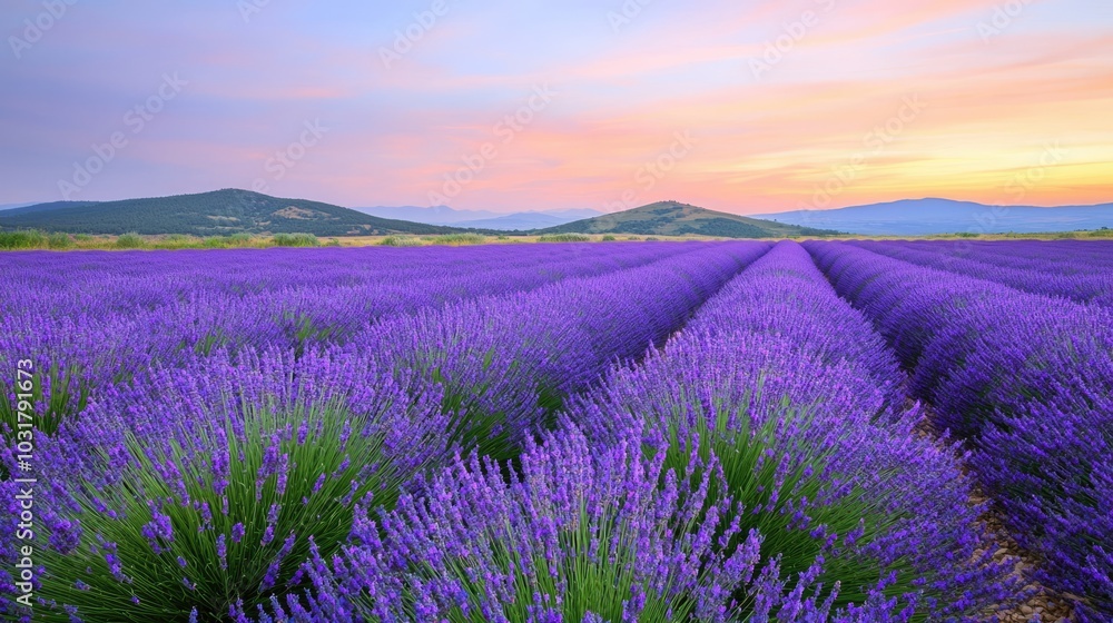 Obraz premium A serene lavender field stretches under a vibrant sky, showcasing rows of purple blooms against green hills in a peaceful landscape.