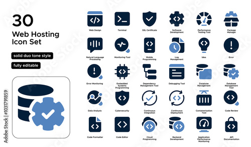 Web Hosting Solid Duo Tone Icon Set: Domain Management, Website Servers, and Internet Hosting Icons