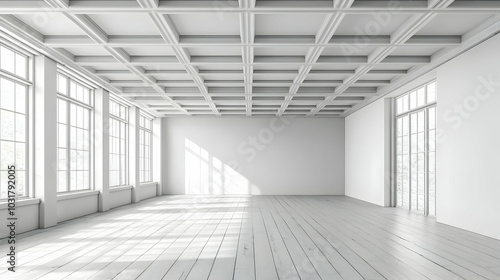 Empty White Room with Large Windows and Wood Floor.