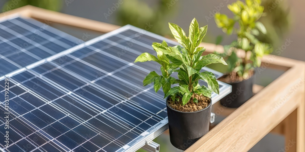 Fototapeta premium Green Energy Plants on Solar Panel Renewable Energy Source Sustainable Lifestyle