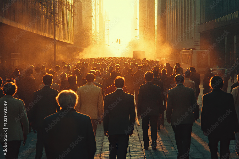 Obraz premium Rear view of a crowd of people walking down a city street during golden hour. Generated by artificial intelligence