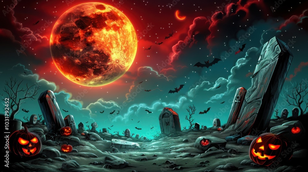An atmospheric Halloween setting with glowing jack-o'-lanterns and eerie tombstones under a large red moon. An atmospheric Halloween setting with glowing jack-o'-lanterns and eerie tombstones under a large red moon.