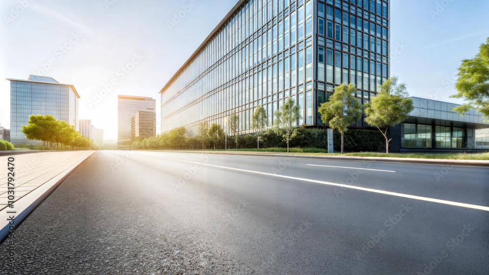 Close-up of clean empty road illuminated by the sun between modern office buildings Close-up of clean empty road illuminated by the sun between modern office buildings