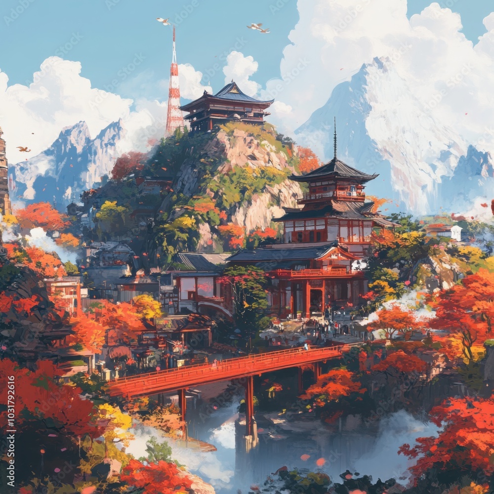 Fototapeta premium Inspired Cityscape: A Japanese Anime Painting in Rich Pigments and Dreamy 8K Detail