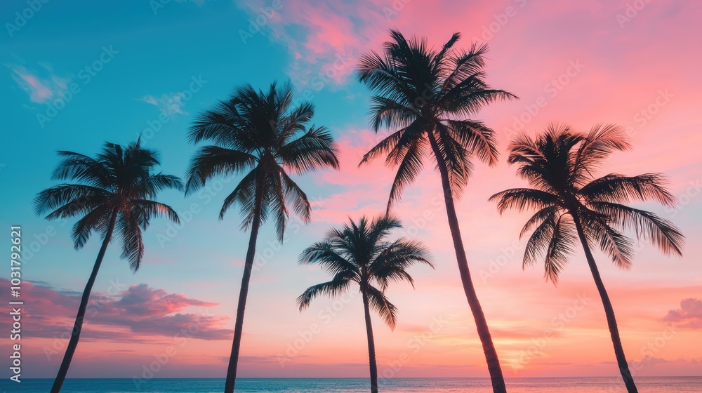 A vibrant sunset over the ocean with silhouetted palm trees against colorful skies. A vibrant sunset over the ocean with silhouetted palm trees against colorful skies.