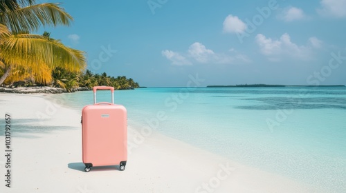 A vibrant pink suitcase rests on the soft sand, inviting travel amidst a stunning tropical beach and calm blue waters