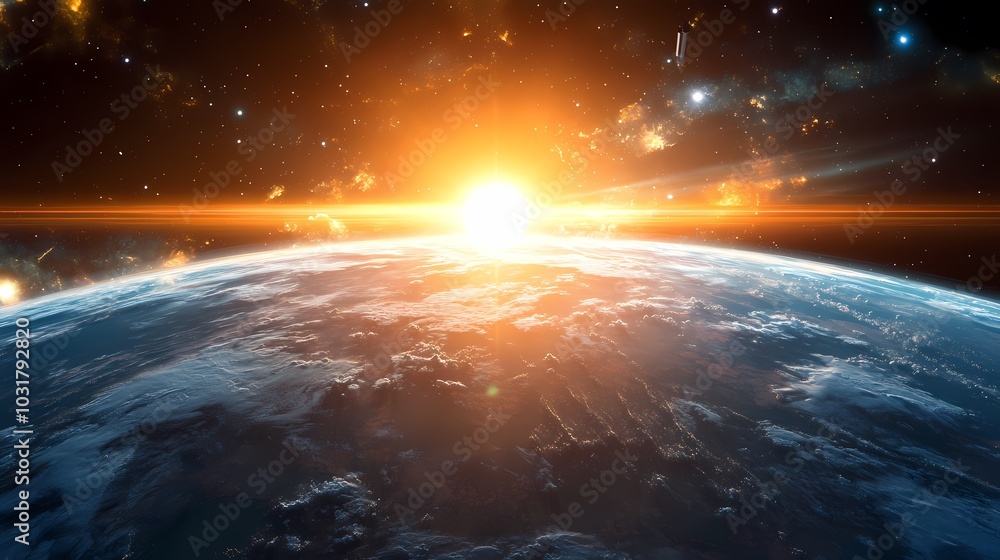 A breathtaking view of Earth as the sun rises over the horizon of space. A breathtaking view of Earth as the sun rises over the horizon of space.