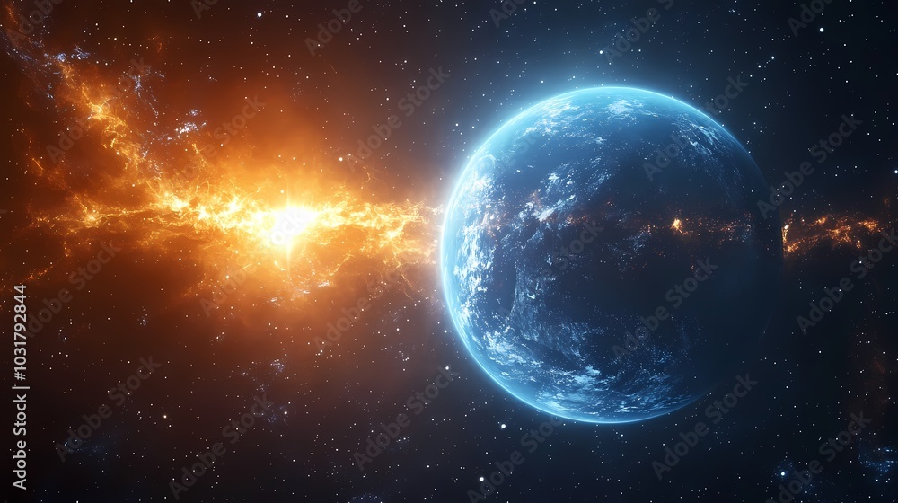Obraz premium A stunning view of a bright starburst and a blue planet in the cosmos.
