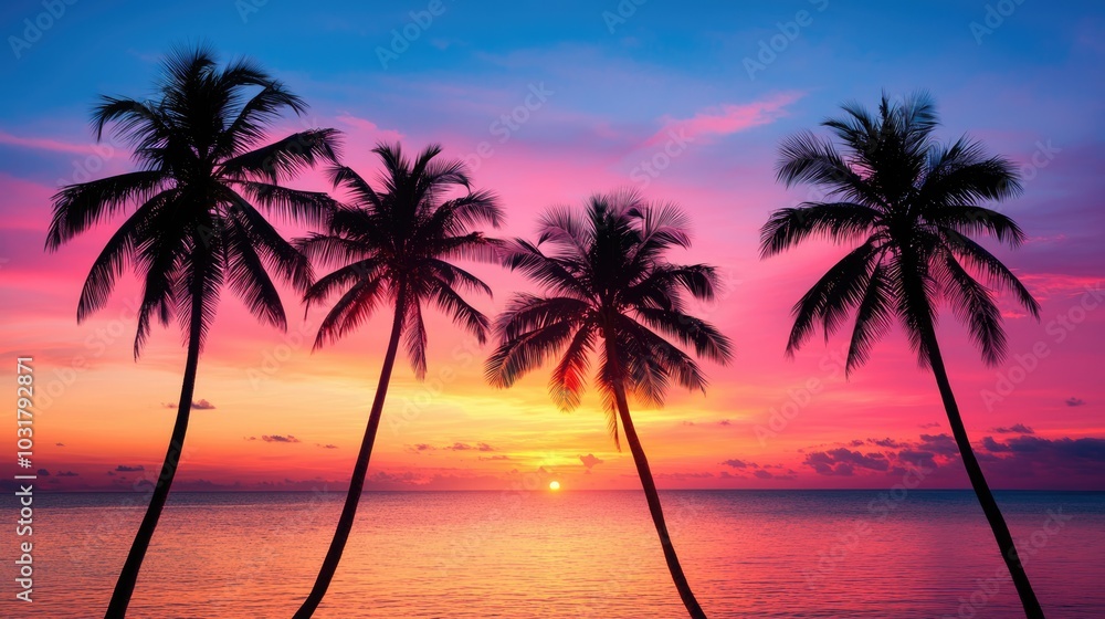 A vibrant sunset over the ocean silhouetted by palm trees, creating a serene tropical atmosphere. A vibrant sunset over the ocean silhouetted by palm trees, creating a serene tropical atmosphere.