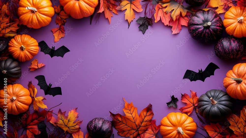Obraz premium Colorful pumpkins and autumn leaves framing a festive Halloween scene.