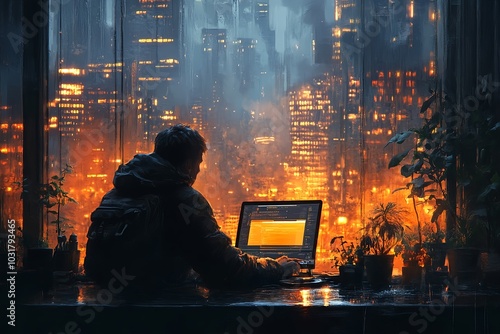 A person sits by a window at night, working on a laptop as a futuristic, illuminated cityscape glows in the background, giving a sense of solitude and focus in a bustling metropolis photo