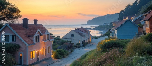 A quaint coastal village with colorful houses and a beautiful sunset over the sea. photo