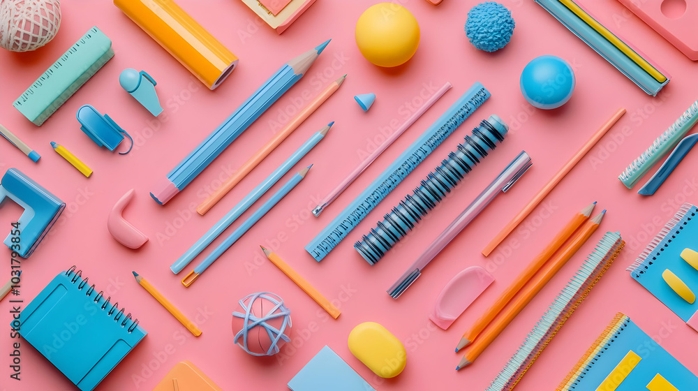 Back to School Supplies Flatlay with Blue and Orange Colors. Back to School Supplies Flatlay with Blue and Orange Colors.