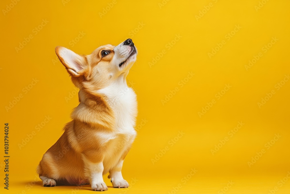 Side view of cute corgi dog standing on hind legs and listening owner's commands, looking at free space isolated on yellow studio background, Generative AI Side view of cute corgi dog standing on hind legs and listening owner's commands, looking at free space isolated on yellow studio background, Generative AI