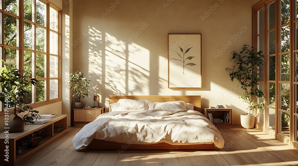 Obraz premium Elegant and Cozy Modern Bedroom Interior Design with Stylish Decor, mockup, poster and Background