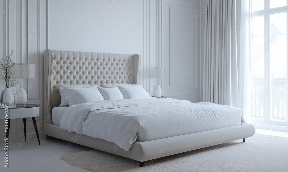 White bedroom with tufted headboard and large window. White bedroom with tufted headboard and large window.