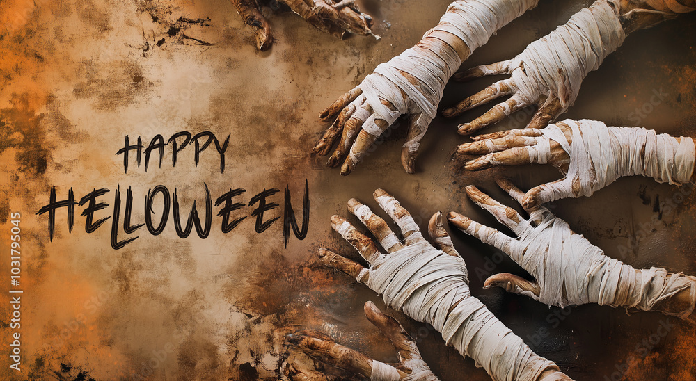 a poster that says happy halloween on it and mummified hands a poster that says happy halloween on it and mummified hands