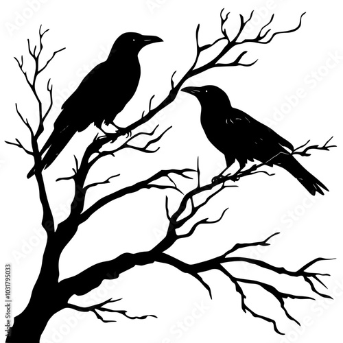 Silhouette of two crows on bare tree branches, Black-and-white silhouette of two crows perched on bare tree branches, creating a haunting and eerie atmosphere, isolated on a white background.

