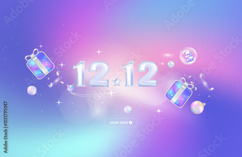12.12 mega sale banner template design with holographic gradient galaxies background. 12 metallic number 3d illustration vector premium
