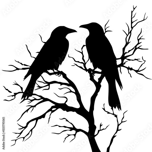 Silhouette of two crows on bare tree branches, Black-and-white silhouette of two crows perched on bare tree branches, creating a haunting and eerie atmosphere, isolated on a white background.

