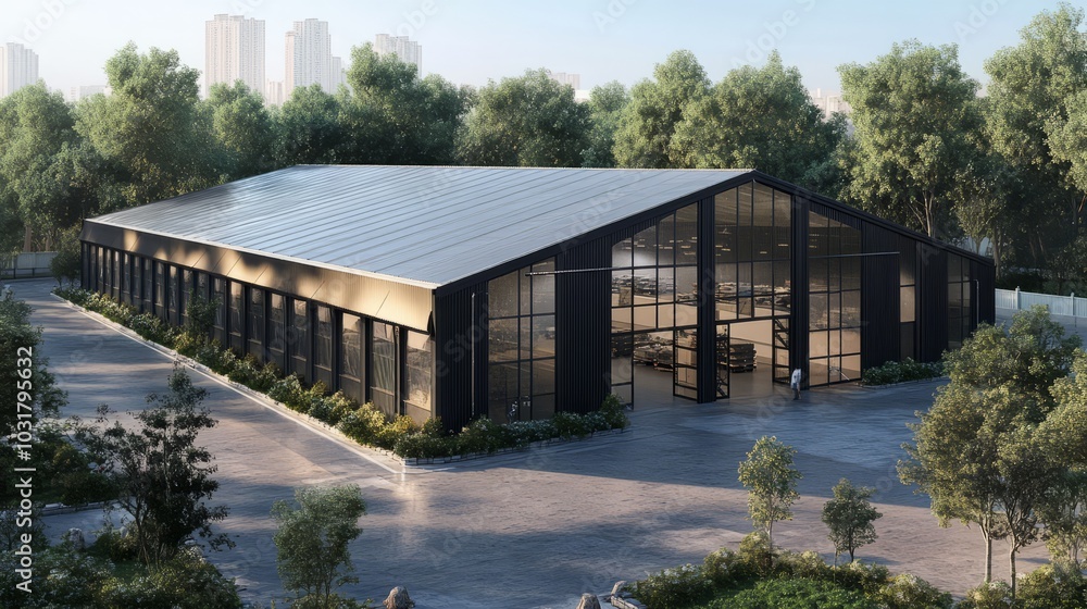 Modern Industrial Warehouse: A sleek and modern warehouse with black metal framing, large windows, and a solar panel roof. The design is both stylish and functional, with a focus on sustainability. Modern Industrial Warehouse: A sleek and modern warehouse with black metal framing, large windows, and a solar panel roof. The design is both stylish and functional, with a focus on sustainability.