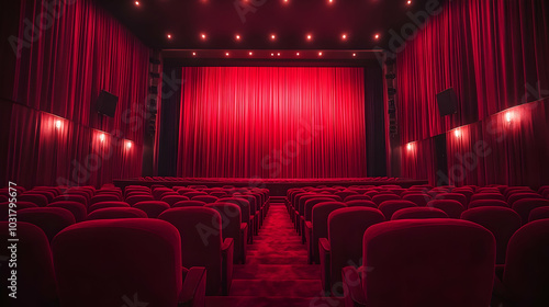 Empty Movie Theater Seats with Red Curtains.