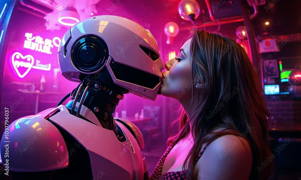 A romantic moment between a woman and a robot in a vibrant neon-lit setting at a futuristic cafe A romantic moment between a woman and a robot in a vibrant neon-lit setting at a futuristic cafe