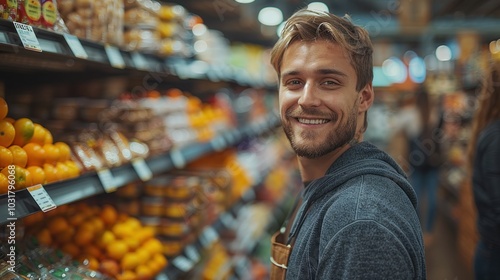 Young man shopping at a grocery store, selecting products.